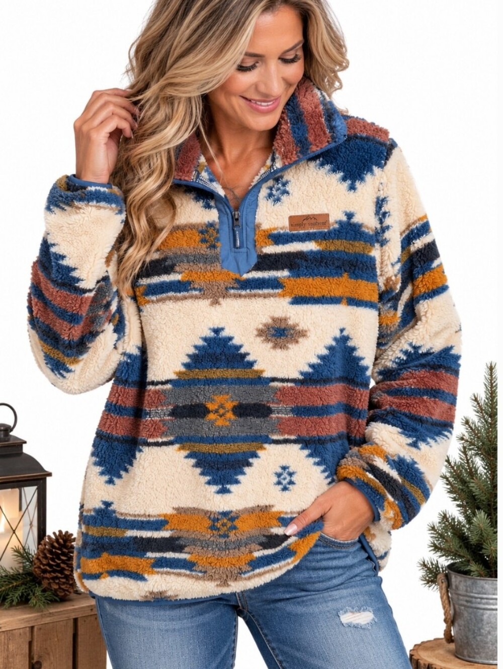 Simply Southern Women’s Large Southwestern Sherpa Fleece Quarter Zip Pullover